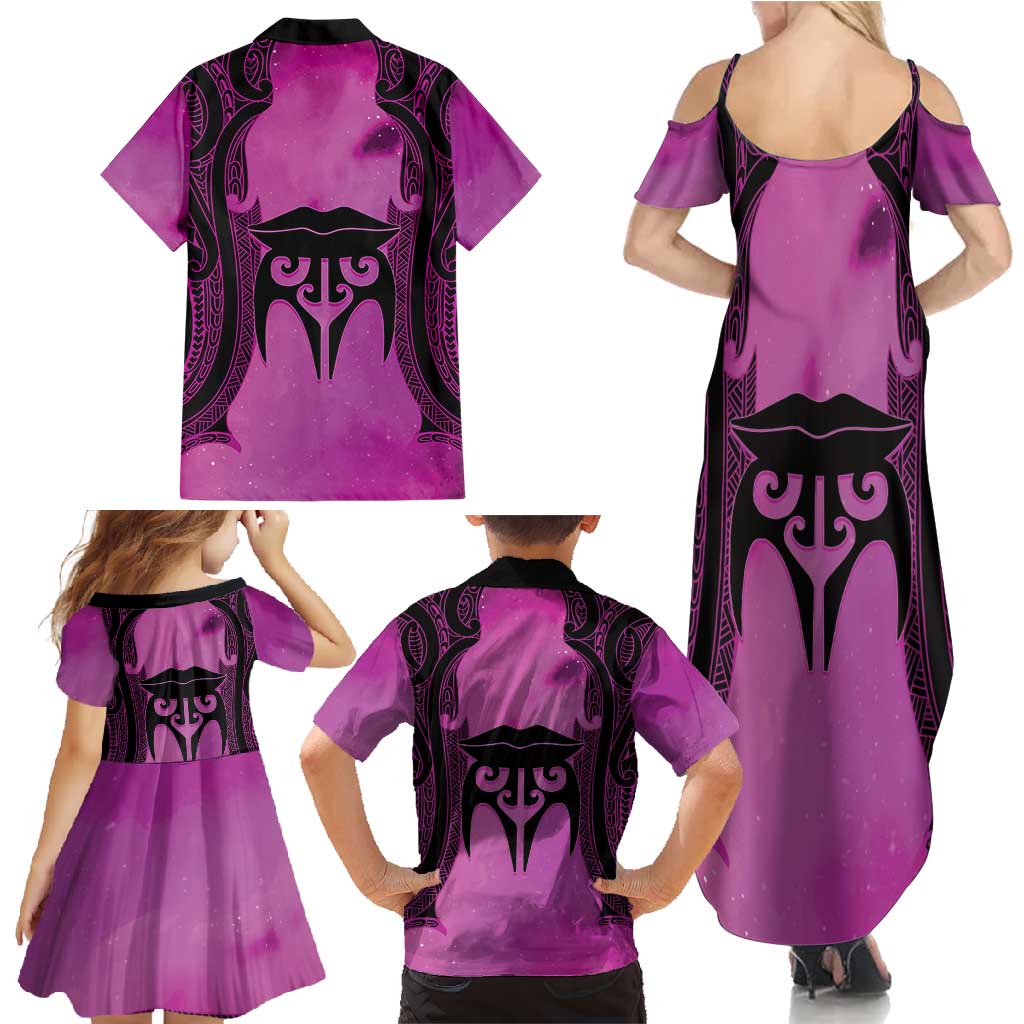 Personalised Moko Kauae New Zealand Family Matching Summer Maxi Dress and Hawaiian Shirt Maori Chin Tattoo Pink - Aussie Hoodie