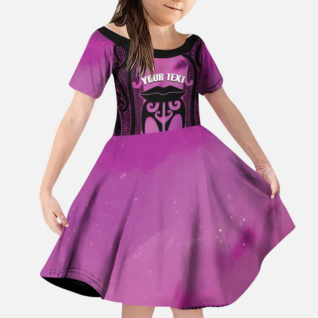 Personalised Moko Kauae New Zealand Kid Short Sleeve Dress Maori Chin Tattoo Pink - Aussie Hoodie