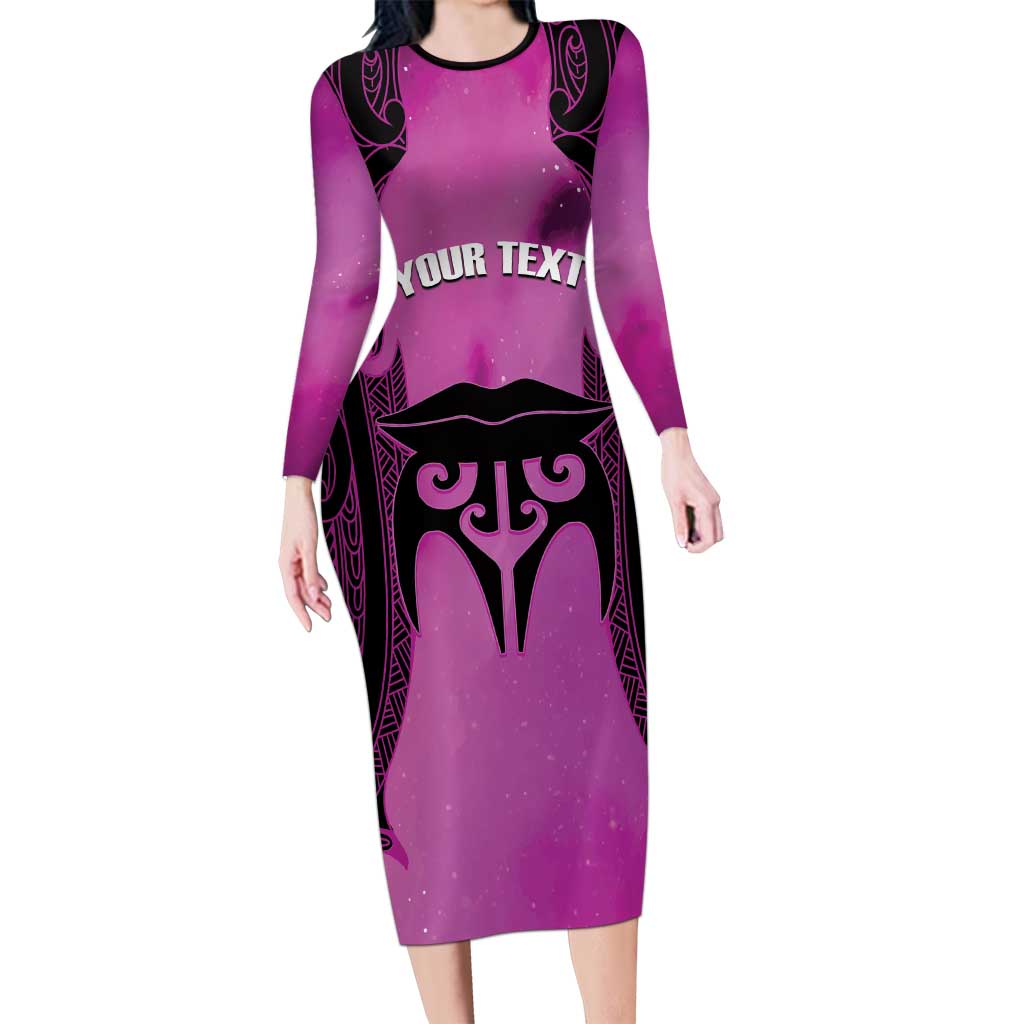 Personalised Moko Kauae New Zealand Long Sleeve Bodycon Dress Maori Chin Tattoo Pink - Aussie Hoodie