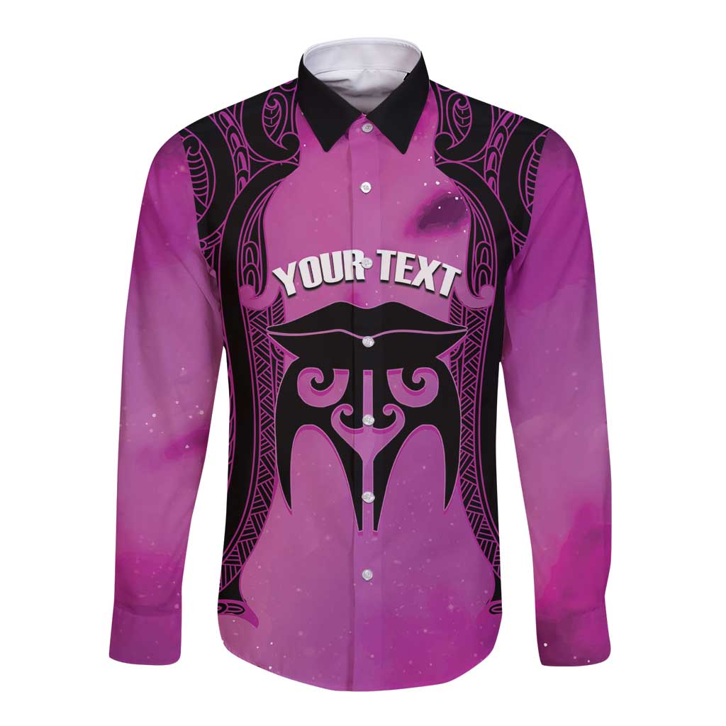 Personalised Moko Kauae New Zealand Long Sleeve Button Shirt Maori Chin Tattoo Pink - Aussie Hoodie