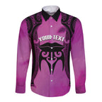 Personalised Moko Kauae New Zealand Long Sleeve Button Shirt Maori Chin Tattoo Pink - Aussie Hoodie