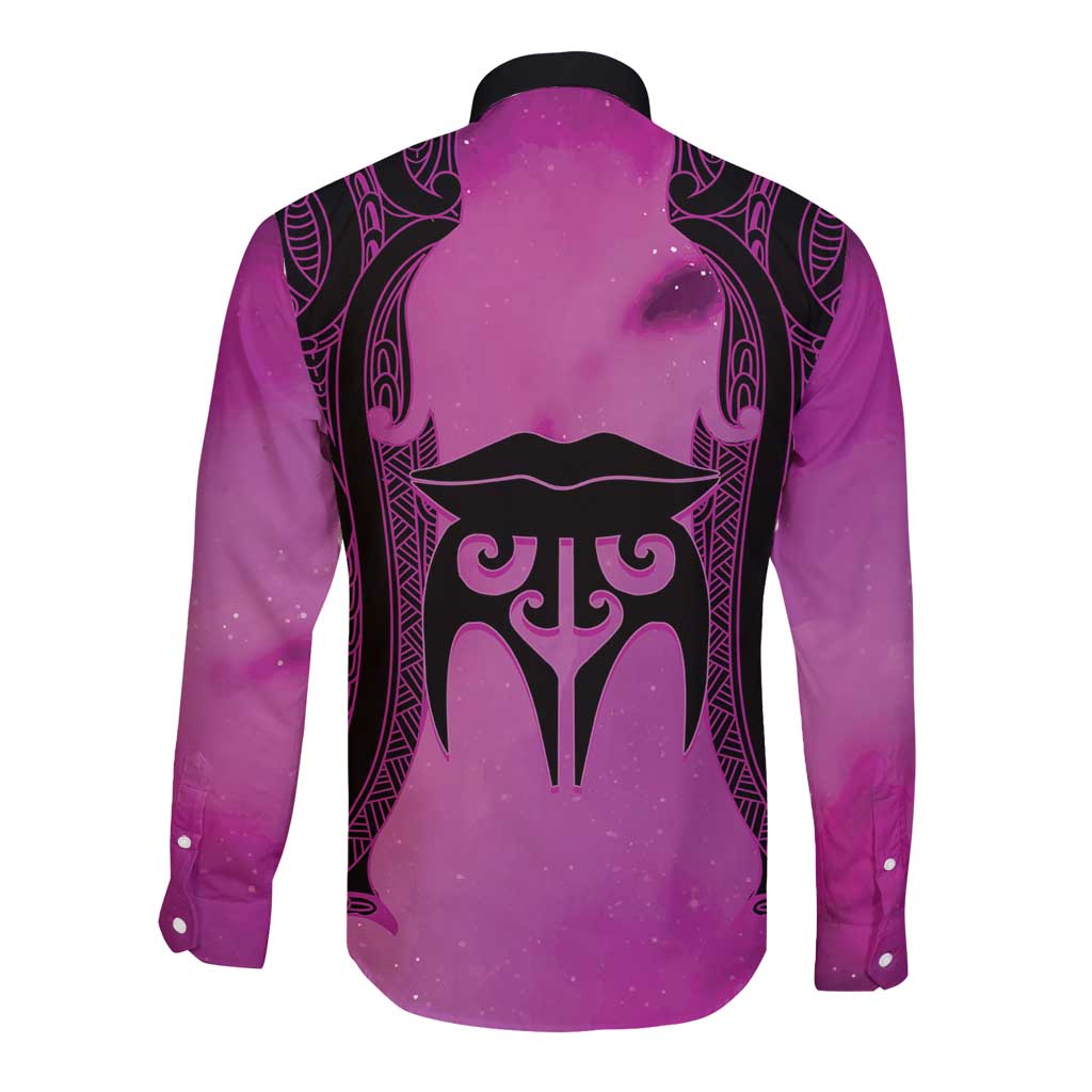 Personalised Moko Kauae New Zealand Long Sleeve Button Shirt Maori Chin Tattoo Pink - Aussie Hoodie