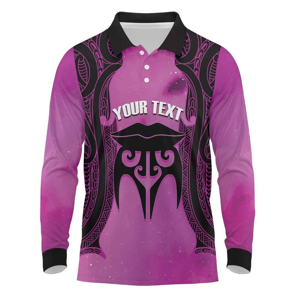 Personalised Moko Kauae New Zealand Long Sleeve Polo Shirt Maori Chin Tattoo Pink - Aussie Hoodie