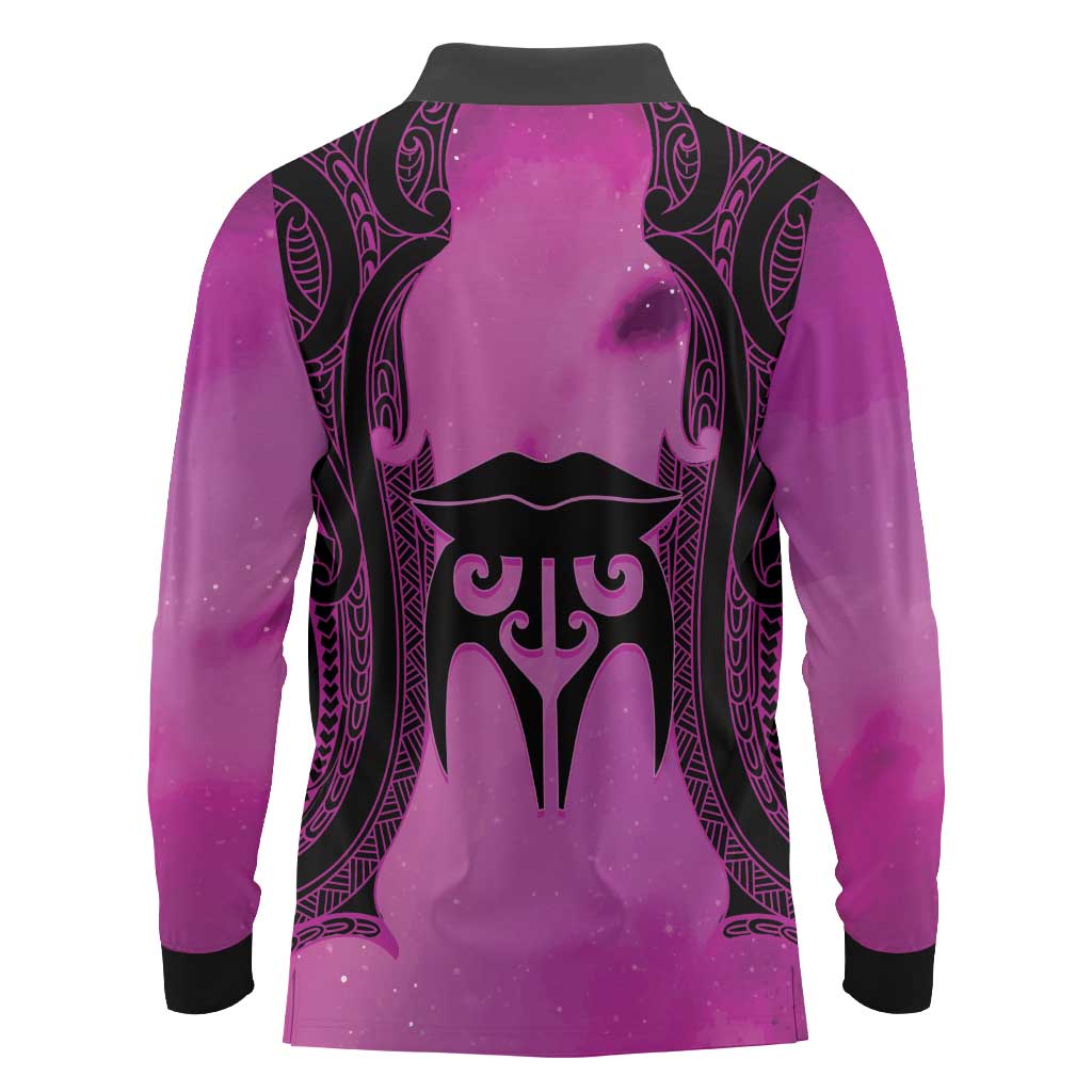 Personalised Moko Kauae New Zealand Long Sleeve Polo Shirt Maori Chin Tattoo Pink - Aussie Hoodie