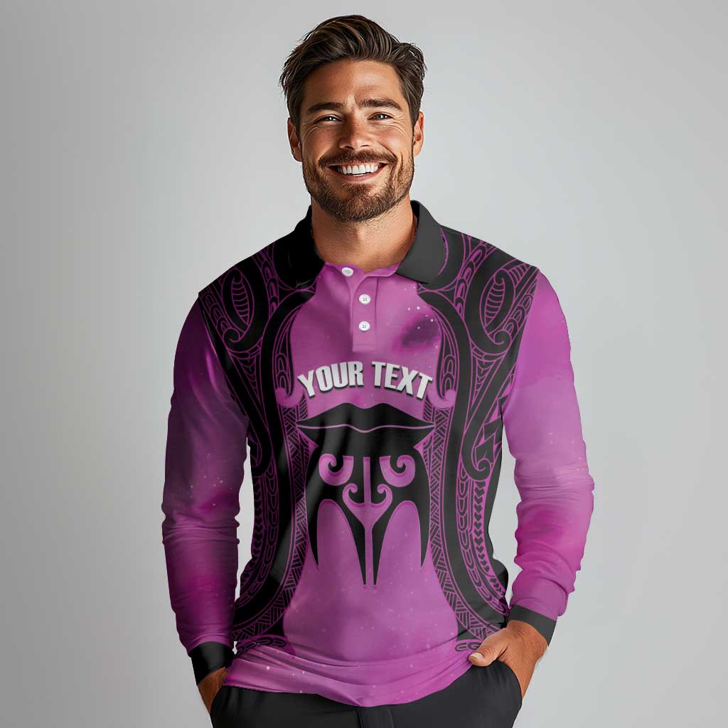 Personalised Moko Kauae New Zealand Long Sleeve Polo Shirt Maori Chin Tattoo Pink - Aussie Hoodie