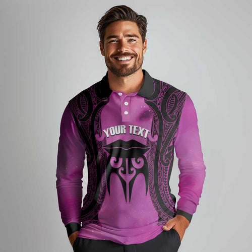 Personalised Moko Kauae New Zealand Long Sleeve Polo Shirt Maori Chin Tattoo Pink - Aussie Hoodie