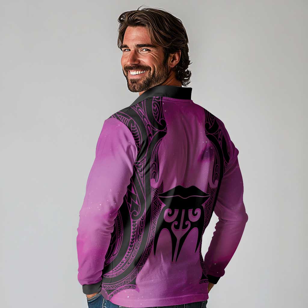Personalised Moko Kauae New Zealand Long Sleeve Polo Shirt Maori Chin Tattoo Pink - Aussie Hoodie