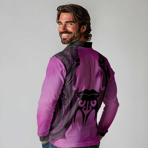 Personalised Moko Kauae New Zealand Long Sleeve Polo Shirt Maori Chin Tattoo Pink - Aussie Hoodie