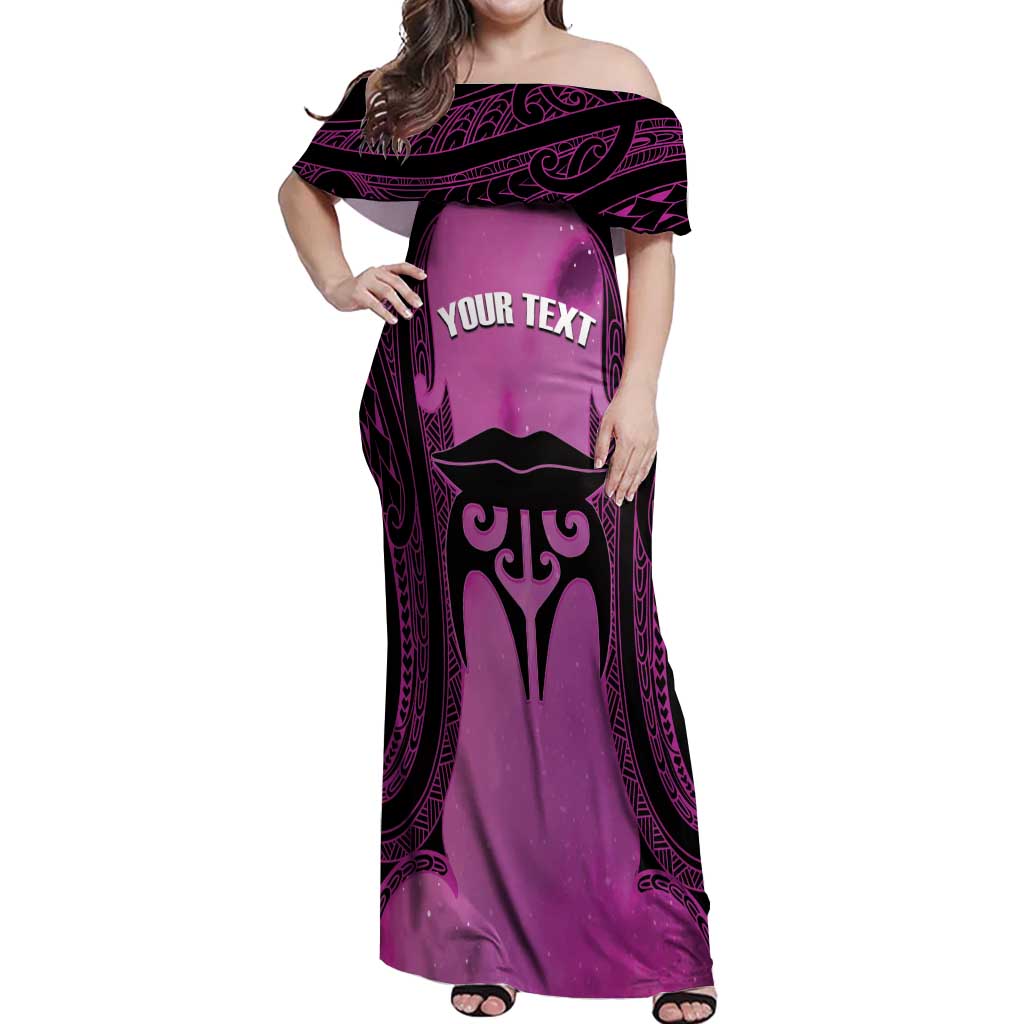 Personalised Moko Kauae New Zealand Off Shoulder Maxi Dress Maori Chin Tattoo Pink - Aussie Hoodie