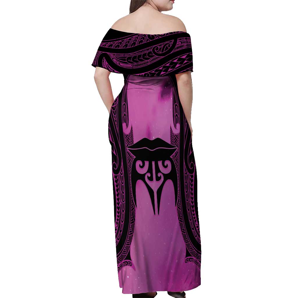 Personalised Moko Kauae New Zealand Off Shoulder Maxi Dress Maori Chin Tattoo Pink - Aussie Hoodie