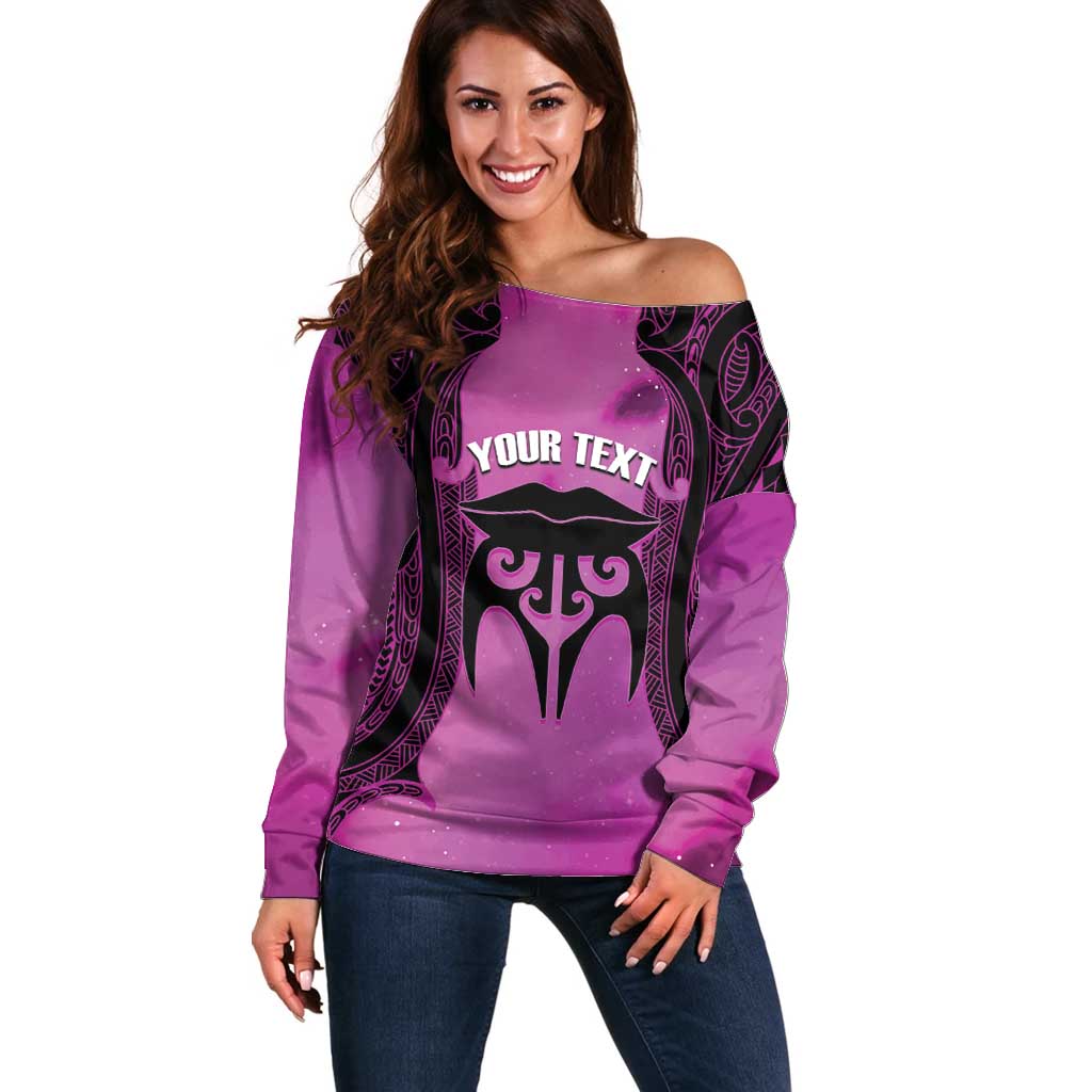 Personalised Moko Kauae New Zealand Off Shoulder Sweater Maori Chin Tattoo Pink - Aussie Hoodie