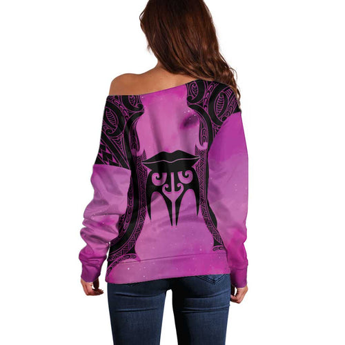 Personalised Moko Kauae New Zealand Off Shoulder Sweater Maori Chin Tattoo Pink - Aussie Hoodie