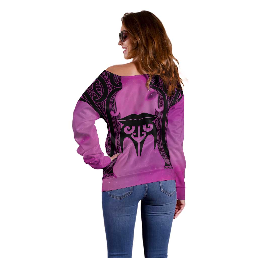 Personalised Moko Kauae New Zealand Off Shoulder Sweater Maori Chin Tattoo Pink - Aussie Hoodie
