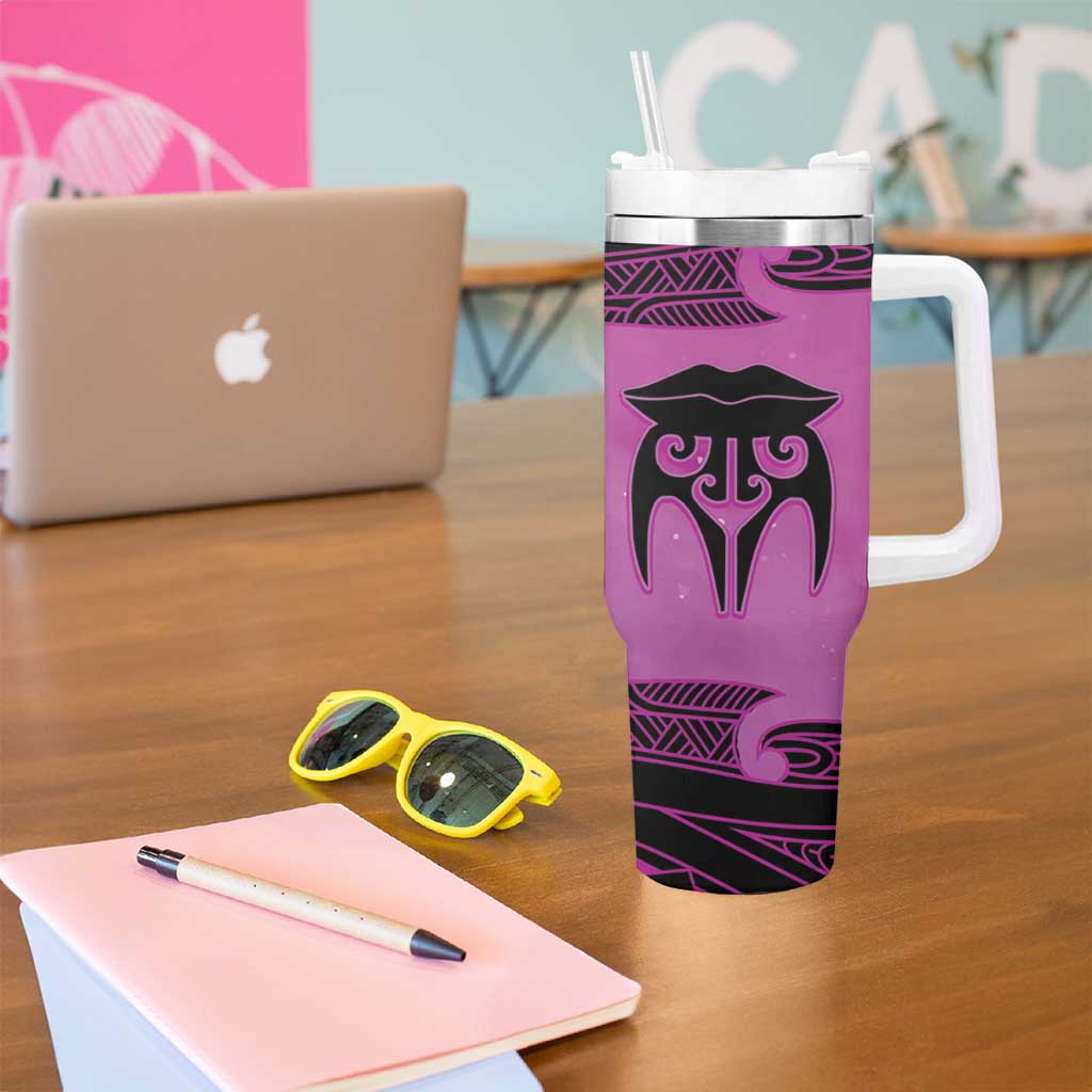 Personalised Moko Kauae New Zealand Tumbler With Handle Maori Chin Tattoo Pink - Aussie Hoodie