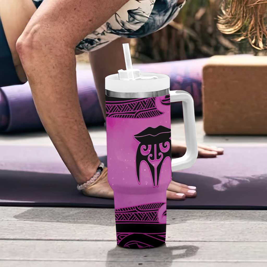 Personalised Moko Kauae New Zealand Tumbler With Handle Maori Chin Tattoo Pink - Aussie Hoodie