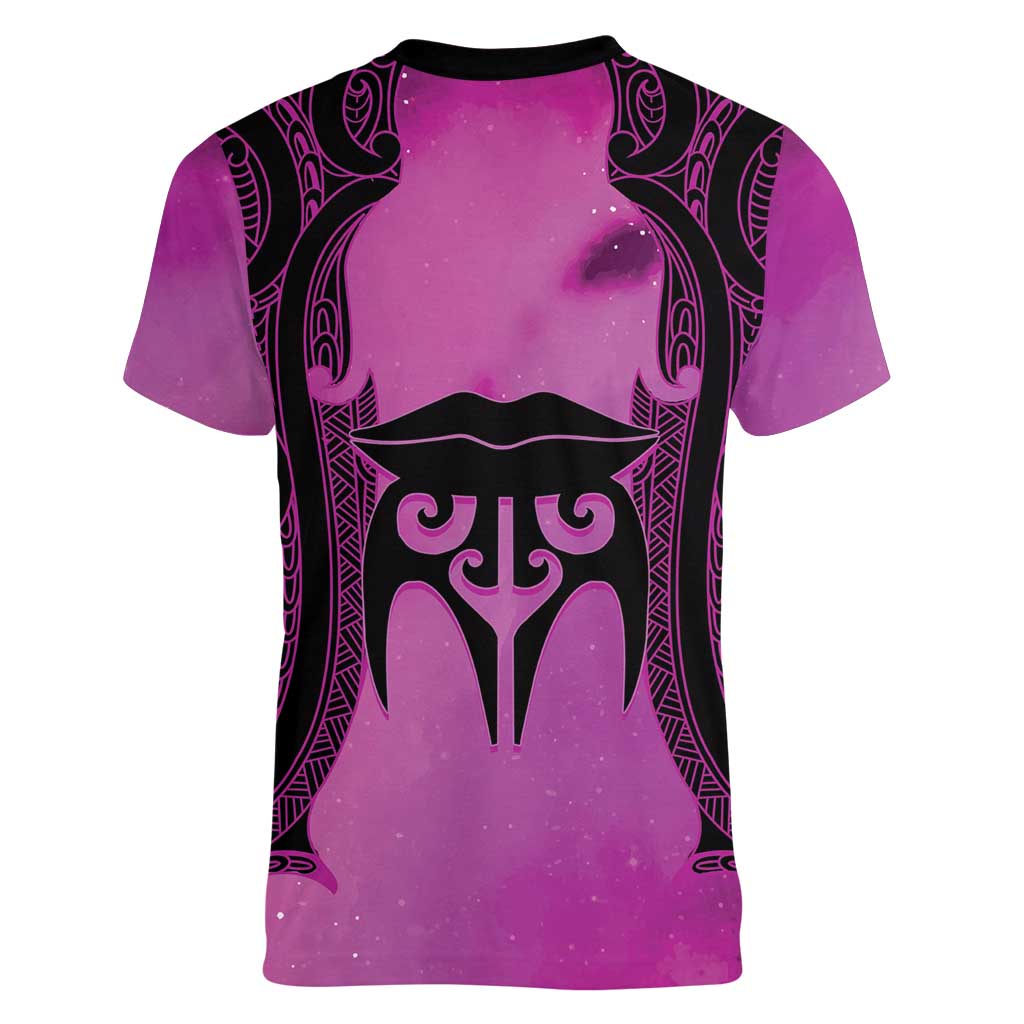 Personalised Moko Kauae New Zealand Women V-Neck T-Shirt Maori Chin Tattoo Pink - Aussie Hoodie