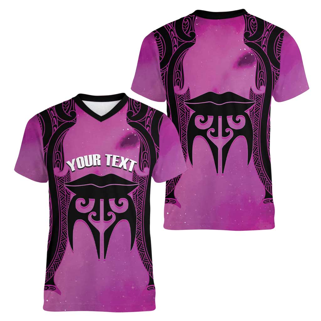 Personalised Moko Kauae New Zealand Women V-Neck T-Shirt Maori Chin Tattoo Pink - Aussie Hoodie