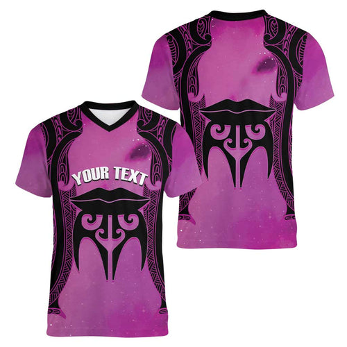 Personalised Moko Kauae New Zealand Women V-Neck T-Shirt Maori Chin Tattoo Pink - Aussie Hoodie
