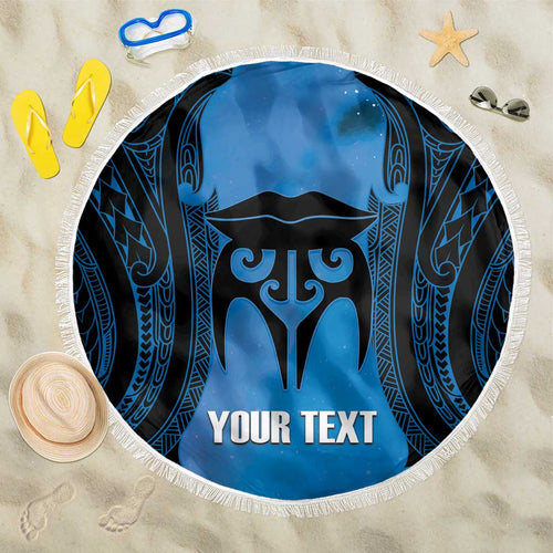 Personalised Moko Kauae New Zealand Beach Blanket Maori Chin Tattoo Blue - Aussie Hoodie