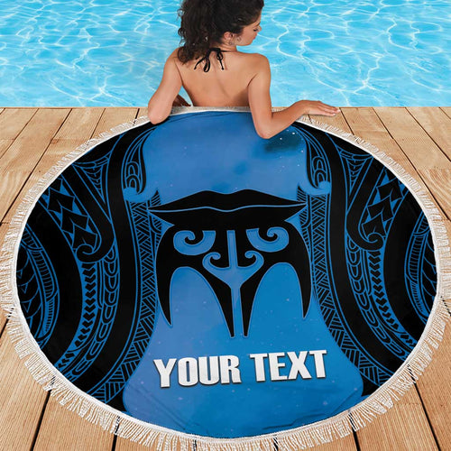 Personalised Moko Kauae New Zealand Beach Blanket Maori Chin Tattoo Blue - Aussie Hoodie
