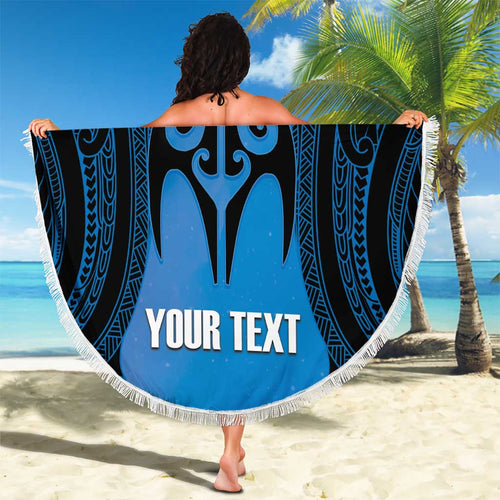 Personalised Moko Kauae New Zealand Beach Blanket Maori Chin Tattoo Blue - Aussie Hoodie