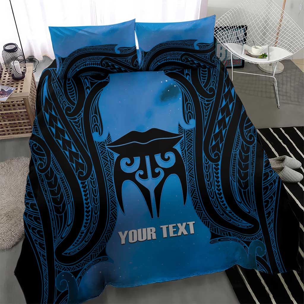 Personalised Moko Kauae New Zealand Bedding Set Maori Chin Tattoo Blue - Aussie Hoodie