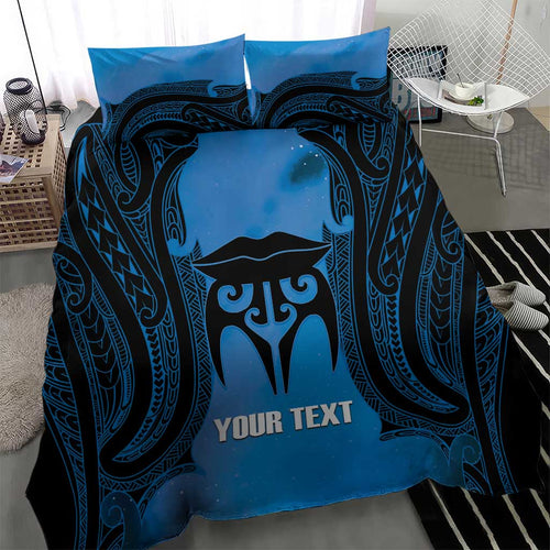 Personalised Moko Kauae New Zealand Bedding Set Maori Chin Tattoo Blue - Aussie Hoodie