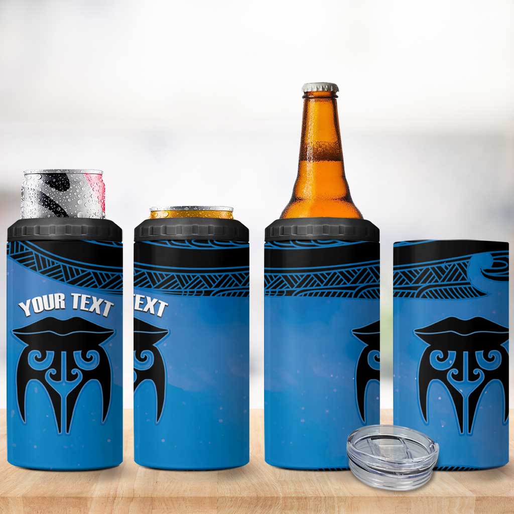 Personalised Moko Kauae New Zealand 4 in 1 Can Cooler Tumbler Maori Chin Tattoo Blue - Aussie Hoodie