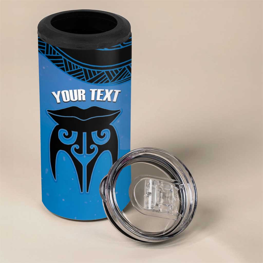 Personalised Moko Kauae New Zealand 4 in 1 Can Cooler Tumbler Maori Chin Tattoo Blue - Aussie Hoodie
