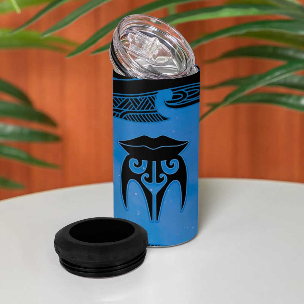 Personalised Moko Kauae New Zealand 4 in 1 Can Cooler Tumbler Maori Chin Tattoo Blue - Aussie Hoodie