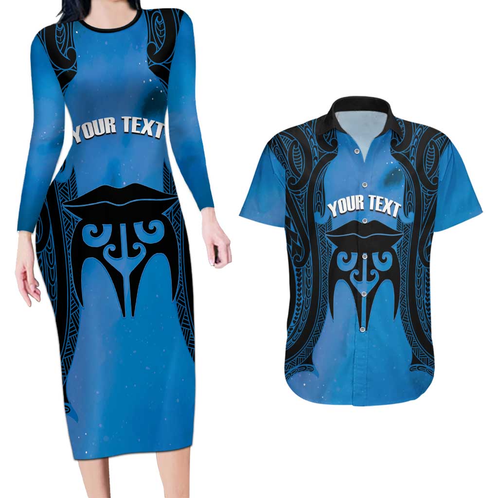 Personalised Moko Kauae New Zealand Couples Matching Long Sleeve Bodycon Dress and Hawaiian Shirt Maori Chin Tattoo Blue - Aussie Hoodie