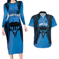 Personalised Moko Kauae New Zealand Couples Matching Long Sleeve Bodycon Dress and Hawaiian Shirt Maori Chin Tattoo Blue - Aussie Hoodie