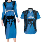 Personalised Moko Kauae New Zealand Couples Matching Long Sleeve Bodycon Dress and Hawaiian Shirt Maori Chin Tattoo Blue - Aussie Hoodie