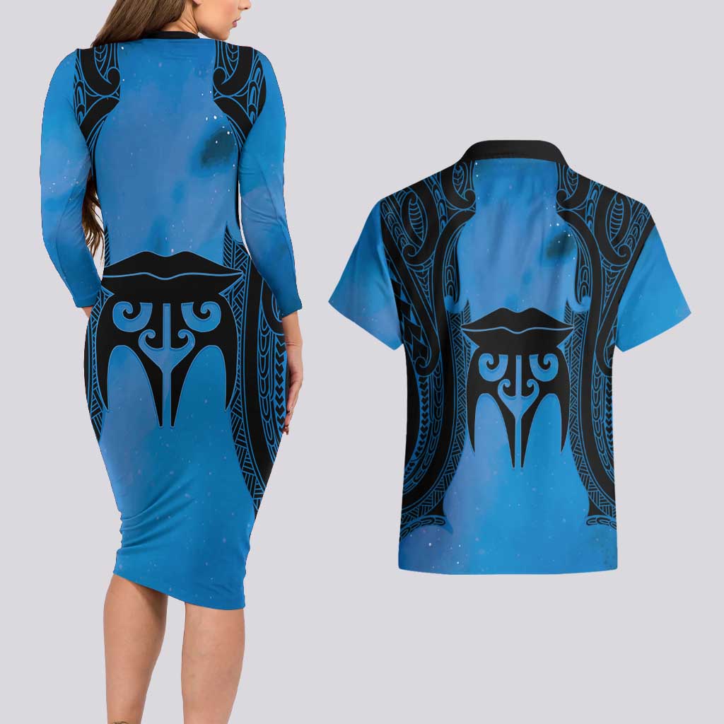 Personalised Moko Kauae New Zealand Couples Matching Long Sleeve Bodycon Dress and Hawaiian Shirt Maori Chin Tattoo Blue - Aussie Hoodie
