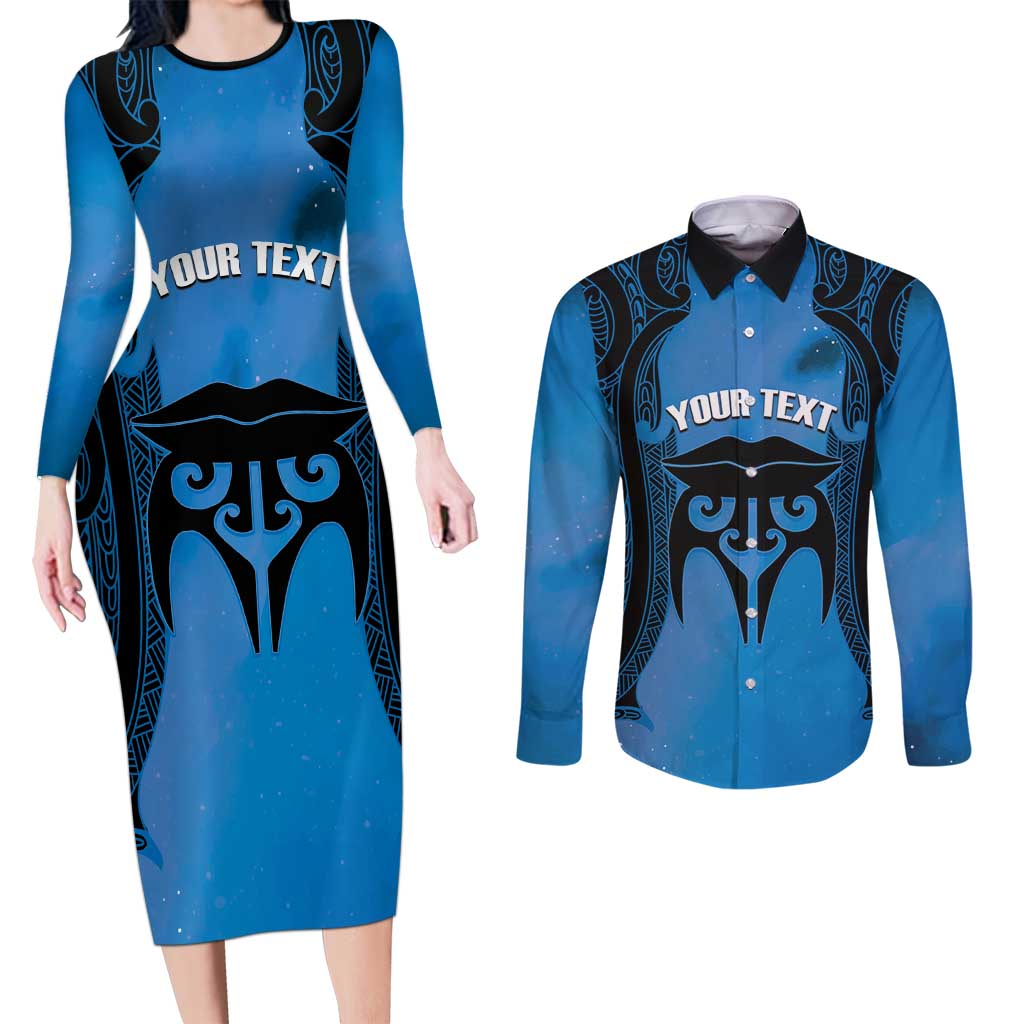 Personalised Moko Kauae New Zealand Couples Matching Long Sleeve Bodycon Dress and Long Sleeve Button Shirt Maori Chin Tattoo Blue - Aussie Hoodie