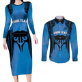 Personalised Moko Kauae New Zealand Couples Matching Long Sleeve Bodycon Dress and Long Sleeve Button Shirt Maori Chin Tattoo Blue - Aussie Hoodie