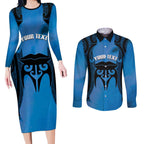 Personalised Moko Kauae New Zealand Couples Matching Long Sleeve Bodycon Dress and Long Sleeve Button Shirt Maori Chin Tattoo Blue - Aussie Hoodie