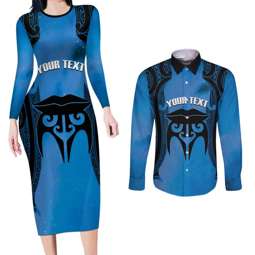 Personalised Moko Kauae New Zealand Couples Matching Long Sleeve Bodycon Dress and Long Sleeve Button Shirt Maori Chin Tattoo Blue - Aussie Hoodie