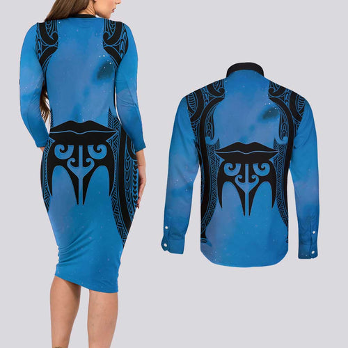 Personalised Moko Kauae New Zealand Couples Matching Long Sleeve Bodycon Dress and Long Sleeve Button Shirt Maori Chin Tattoo Blue - Aussie Hoodie