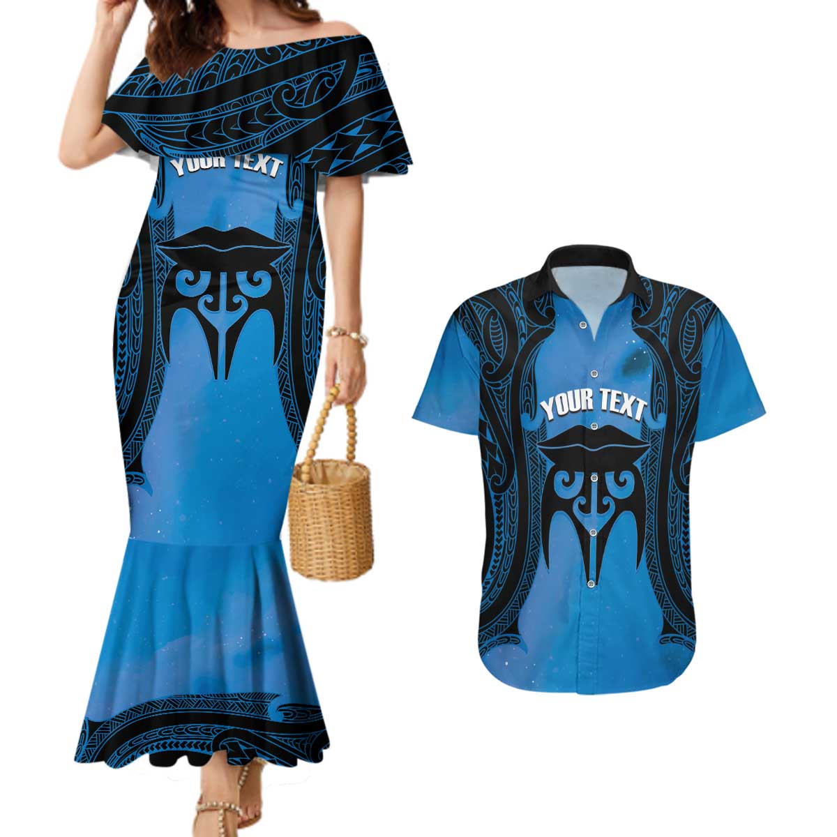 Personalised Moko Kauae New Zealand Couples Matching Mermaid Dress and Hawaiian Shirt Maori Chin Tattoo Blue - Aussie Hoodie