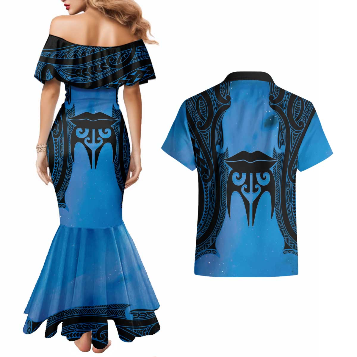 Personalised Moko Kauae New Zealand Couples Matching Mermaid Dress and Hawaiian Shirt Maori Chin Tattoo Blue - Aussie Hoodie