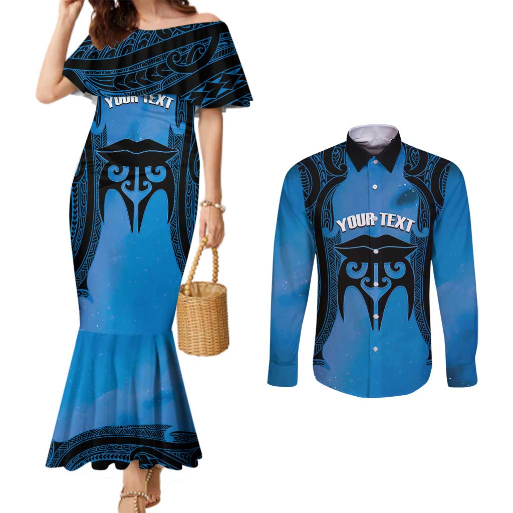Personalised Moko Kauae New Zealand Couples Matching Mermaid Dress and Long Sleeve Button Shirt Maori Chin Tattoo Blue - Aussie Hoodie