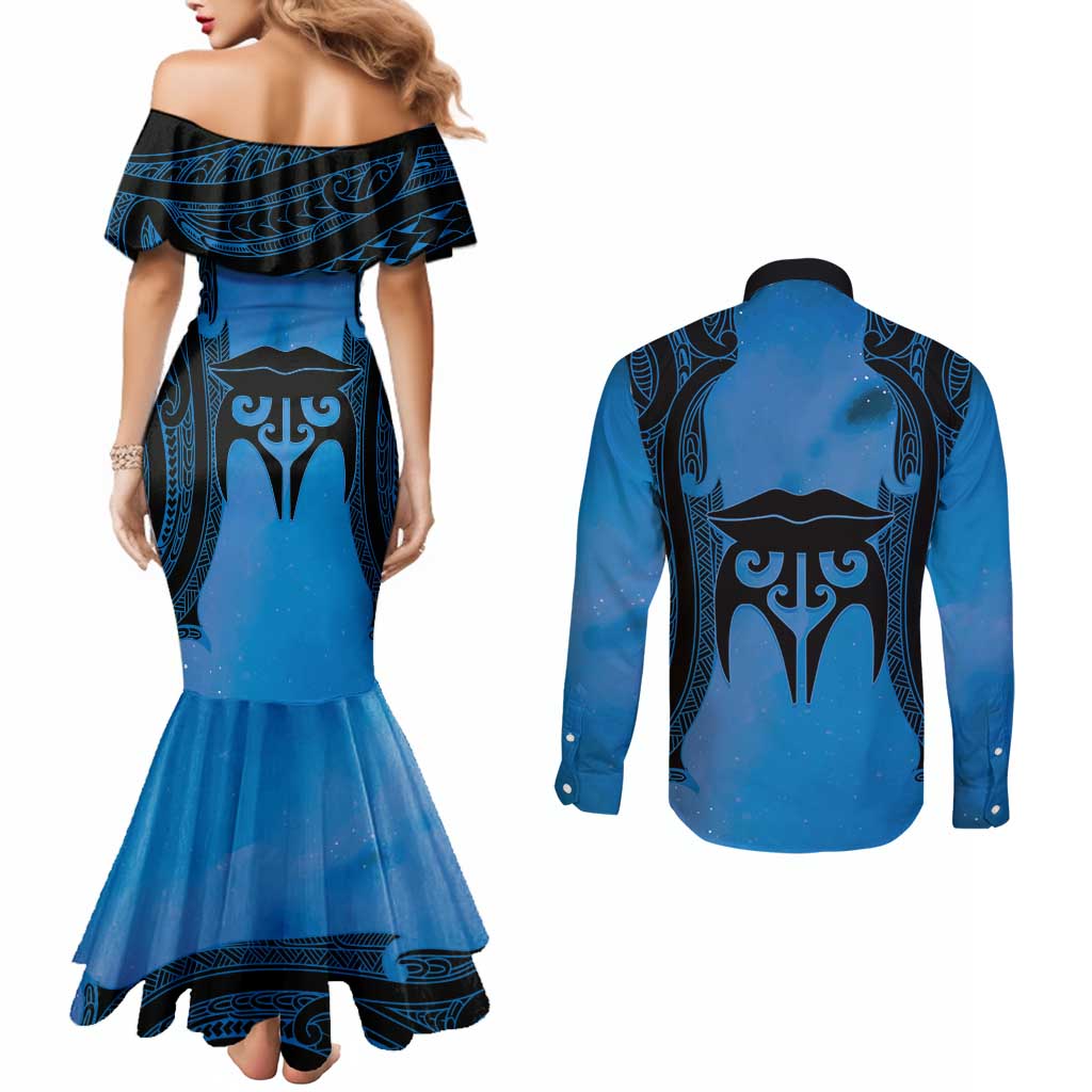 Personalised Moko Kauae New Zealand Couples Matching Mermaid Dress and Long Sleeve Button Shirt Maori Chin Tattoo Blue - Aussie Hoodie