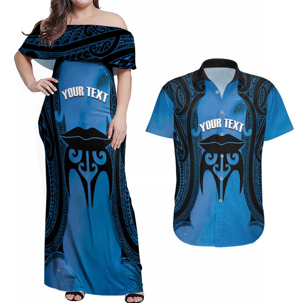 Personalised Moko Kauae New Zealand Couples Matching Off Shoulder Maxi Dress and Hawaiian Shirt Maori Chin Tattoo Blue - Aussie Hoodie