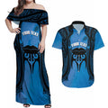 Personalised Moko Kauae New Zealand Couples Matching Off Shoulder Maxi Dress and Hawaiian Shirt Maori Chin Tattoo Blue - Aussie Hoodie