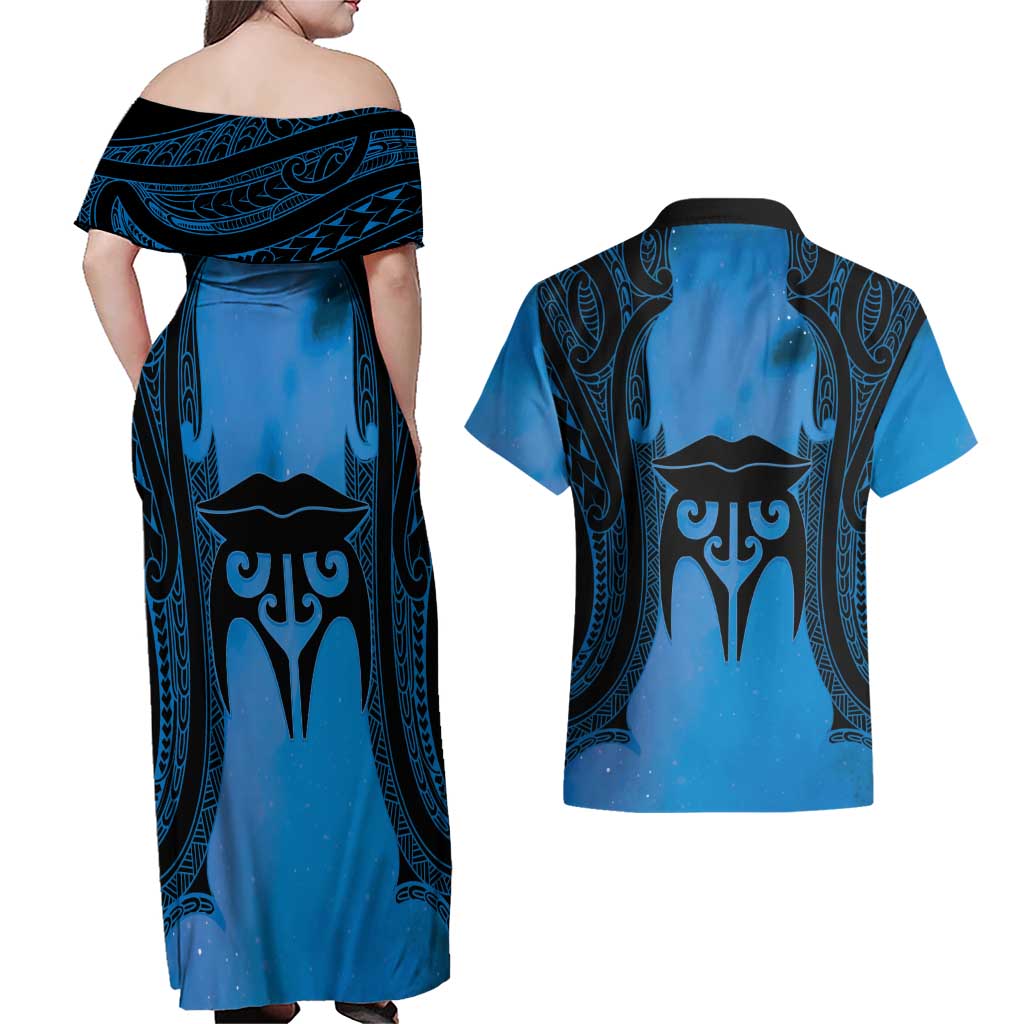 Personalised Moko Kauae New Zealand Couples Matching Off Shoulder Maxi Dress and Hawaiian Shirt Maori Chin Tattoo Blue - Aussie Hoodie