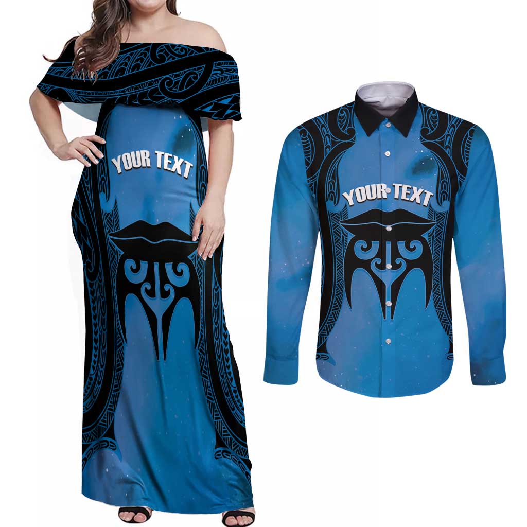 Personalised Moko Kauae New Zealand Couples Matching Off Shoulder Maxi Dress and Long Sleeve Button Shirt Maori Chin Tattoo Blue - Aussie Hoodie