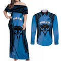 Personalised Moko Kauae New Zealand Couples Matching Off Shoulder Maxi Dress and Long Sleeve Button Shirt Maori Chin Tattoo Blue - Aussie Hoodie