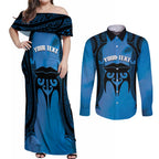 Personalised Moko Kauae New Zealand Couples Matching Off Shoulder Maxi Dress and Long Sleeve Button Shirt Maori Chin Tattoo Blue - Aussie Hoodie