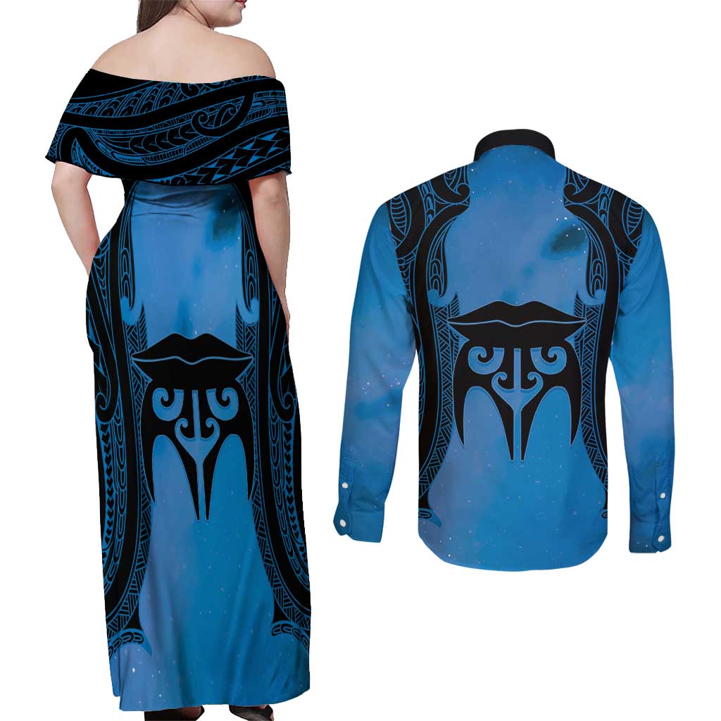 Personalised Moko Kauae New Zealand Couples Matching Off Shoulder Maxi Dress and Long Sleeve Button Shirt Maori Chin Tattoo Blue - Aussie Hoodie